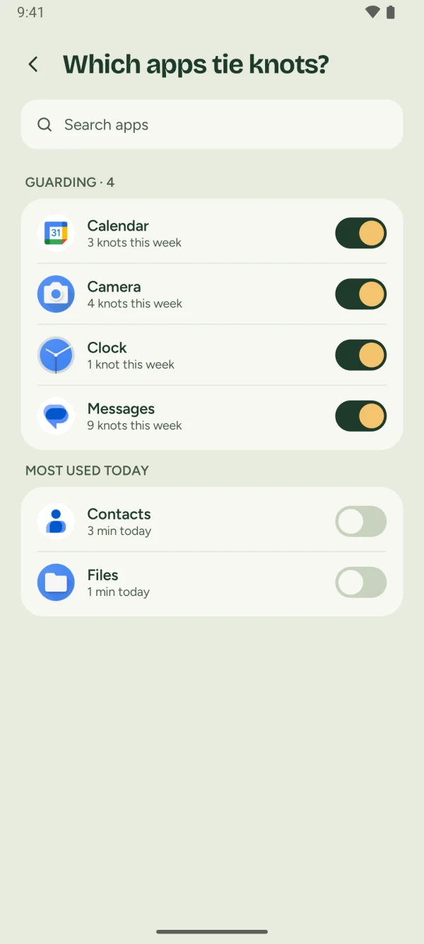 The app list, titled Which apps tie knots, with four apps switched on under Guarding and others under Most used today.