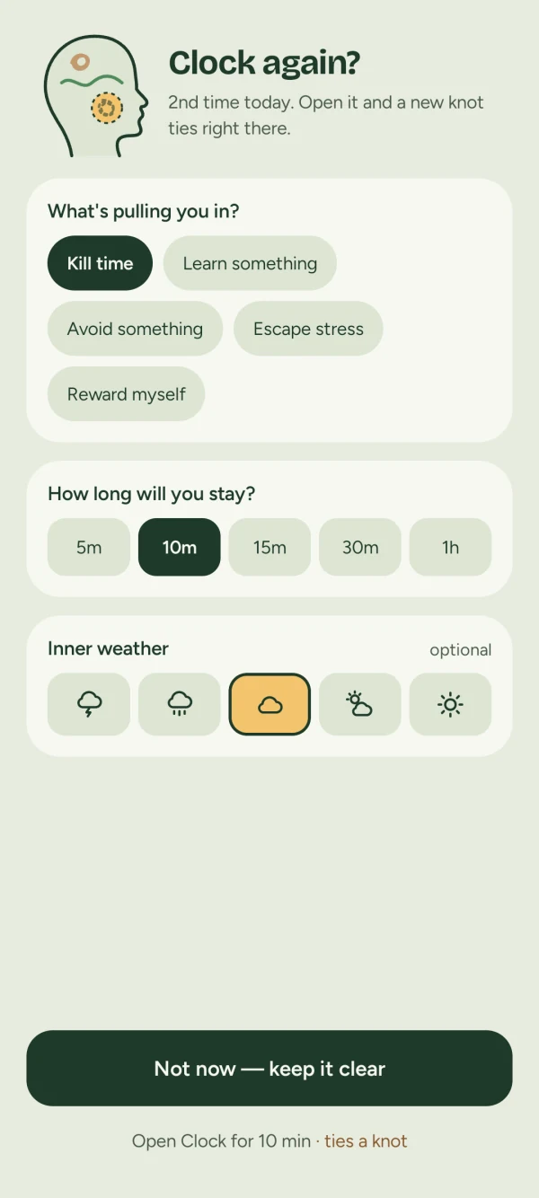The pause screen: Clock again? 2nd time today. Reasons to pick from, a choice of how long to stay, inner weather icons, and a Not now, keep it clear button.